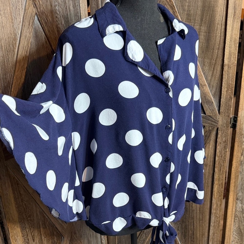 Unique Spectrum Navy and White Polka Dot Tie-Front Button Down